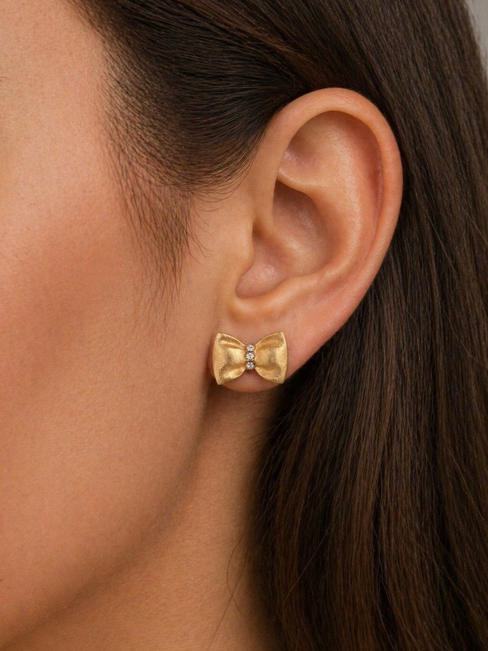 Handmade Gold Bow Stud Earrings with Crystal Accent